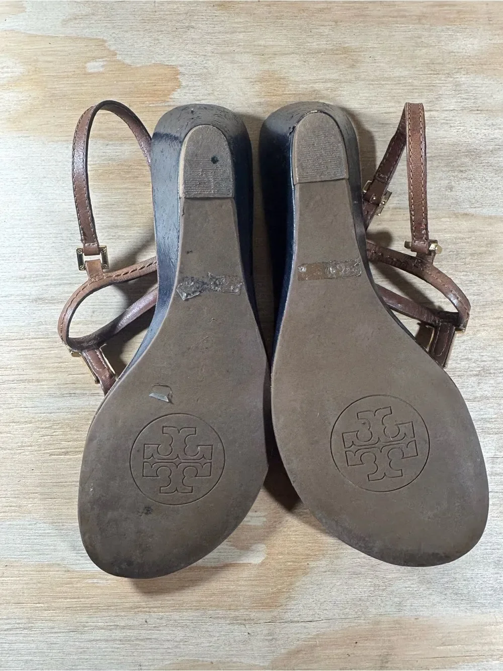 Tory Burch Brown Wedge Sandals with Gold Accents Women’s Size 9